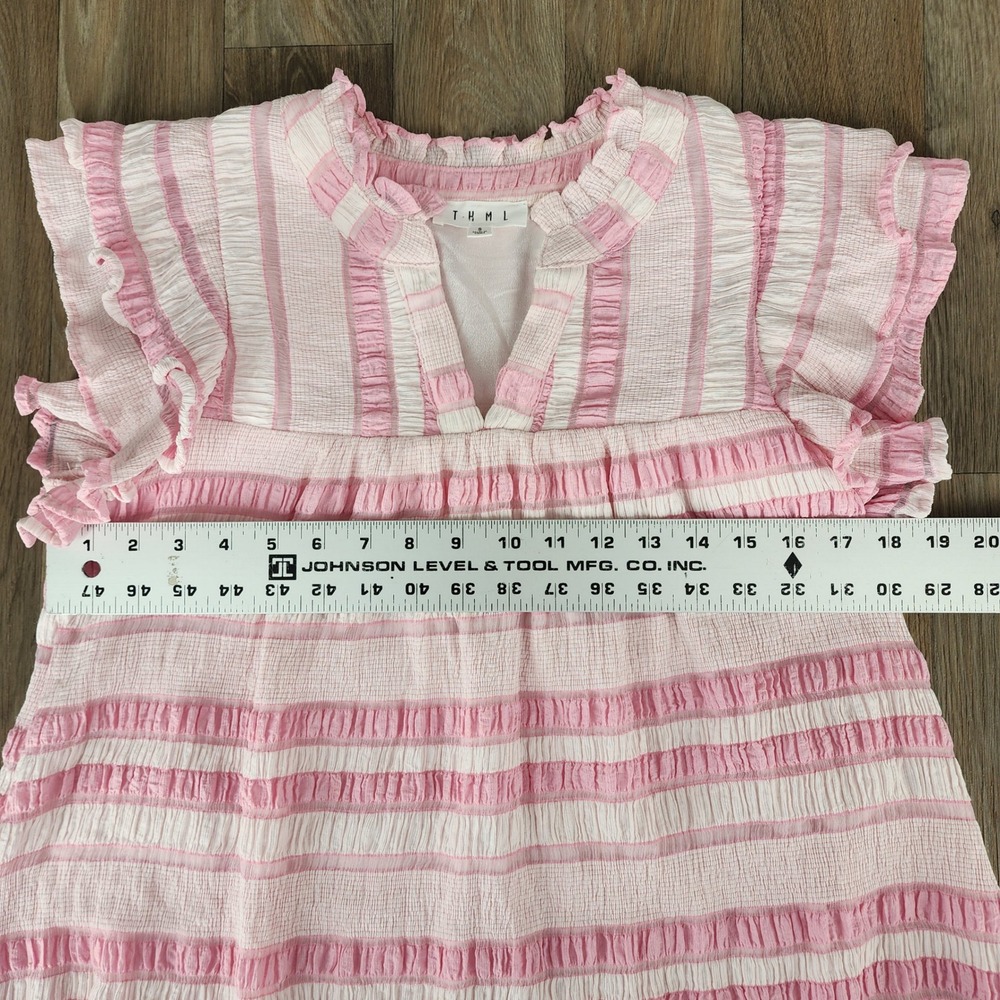 THML Pink & White Striped Ruffle Sleeve Peplum Blouse - Picture 7 of 9